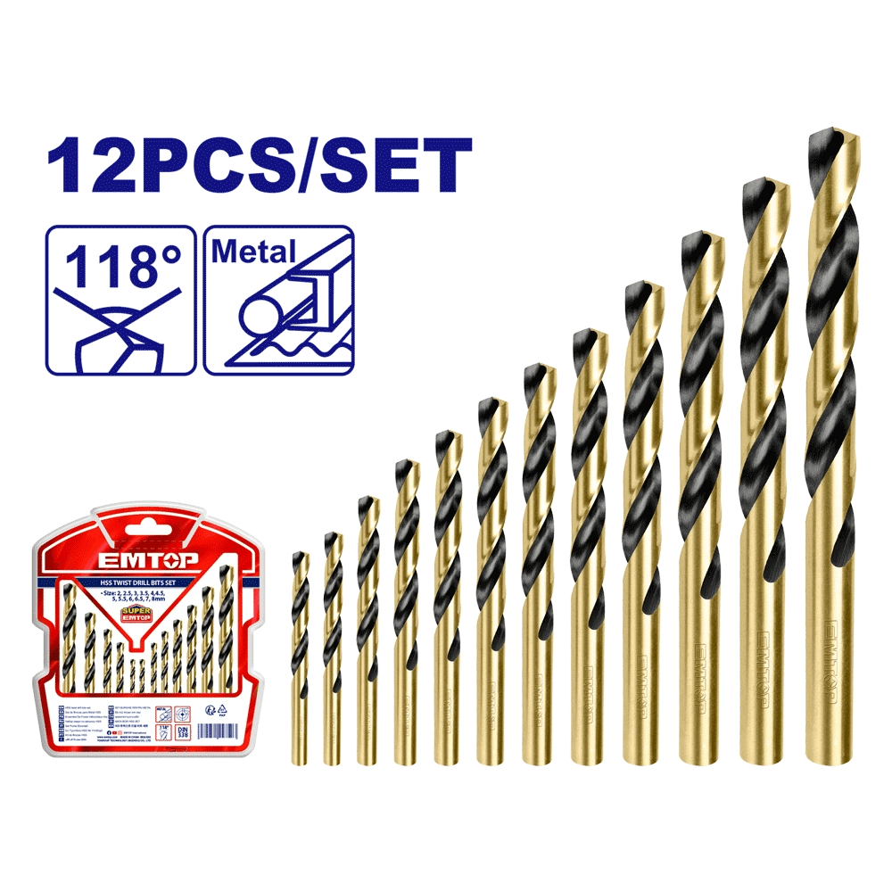 Jeu de 12 forets métal HSS 2-8MM EMTOP ETDBB11125 - SME IMPORT