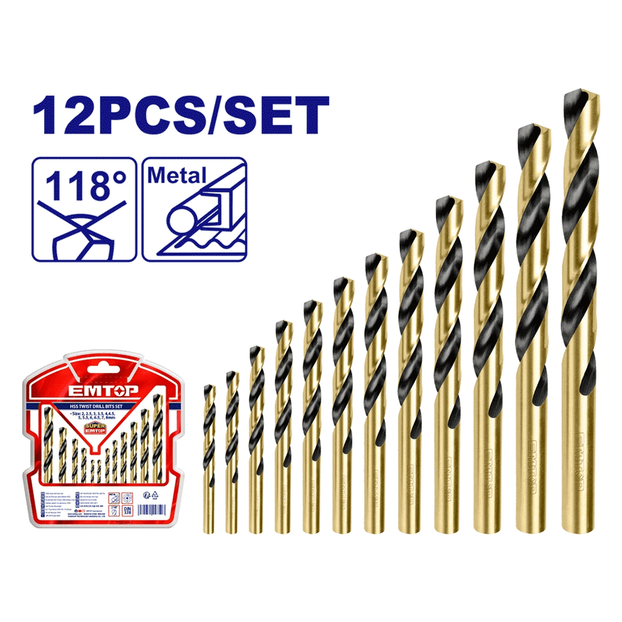 Jeu de 12 forets métal HSS 2-8MM EMTOP ETDBB11125 - SME IMPORT