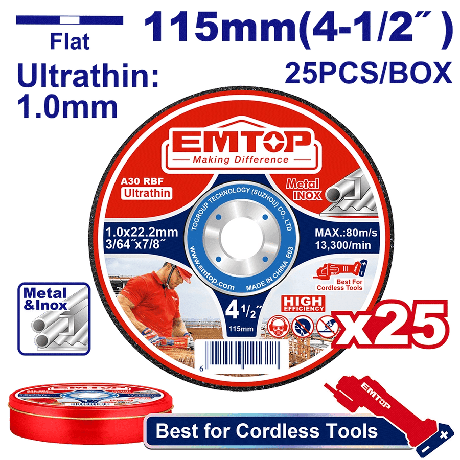 Jeu de 25 disques tronç 115MM EMTOP EACD11011525 - SME IMPORT