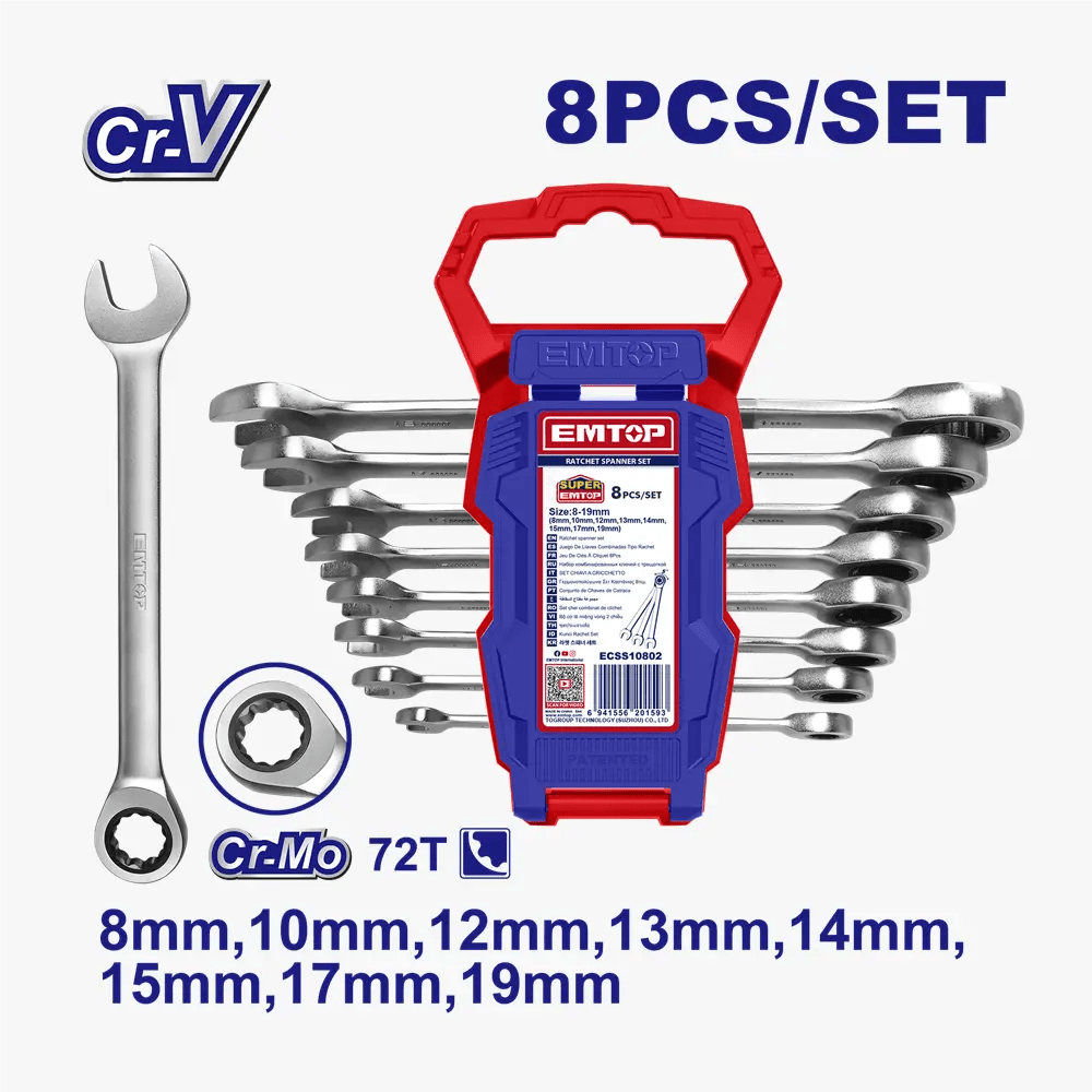 Jeu de 8 clés à cliquet 8-19MM EMTOP ECSS10802 - SME IMPORT