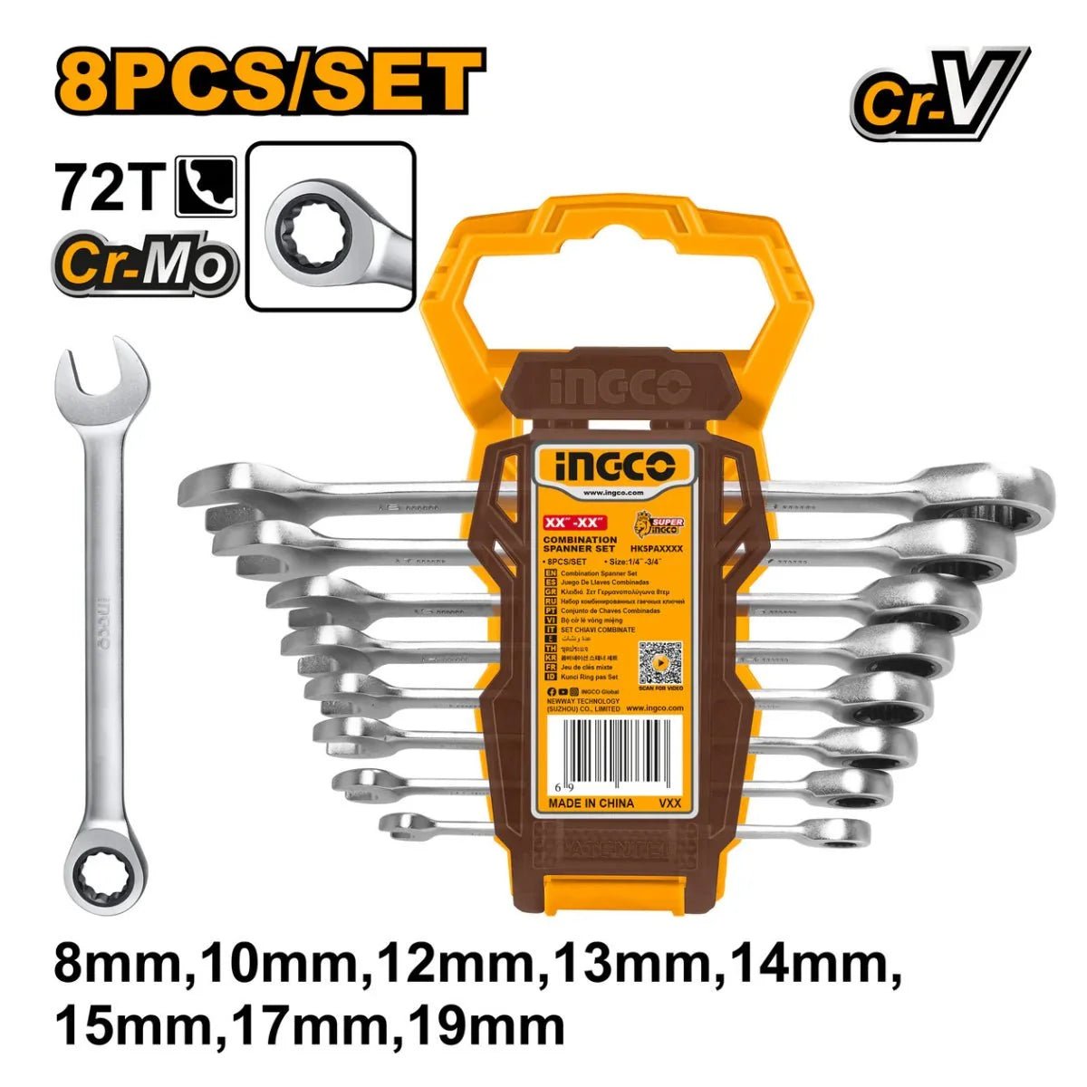 Jeu de 8 clés à cliquet industrielles 8-18 mm HKSPAR1082 - SME IMPORT
