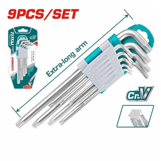 Jeu de clés torx TOTAL long T10 à T50 9 pièces bras extra long Cr-V THT106391 - SME IMPORT