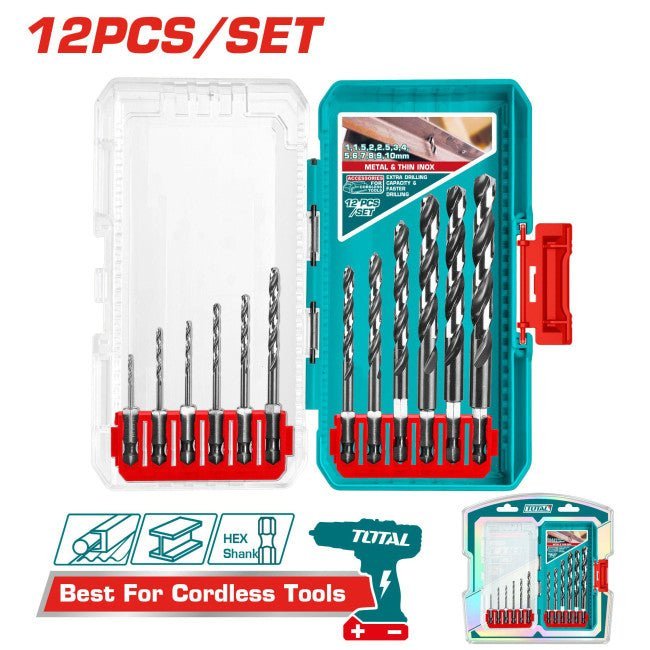 Jeu de forets HSS métal Inox 12 pièces à queue hexagonale TOTAL tools TACSDL11206 - SME IMPORT