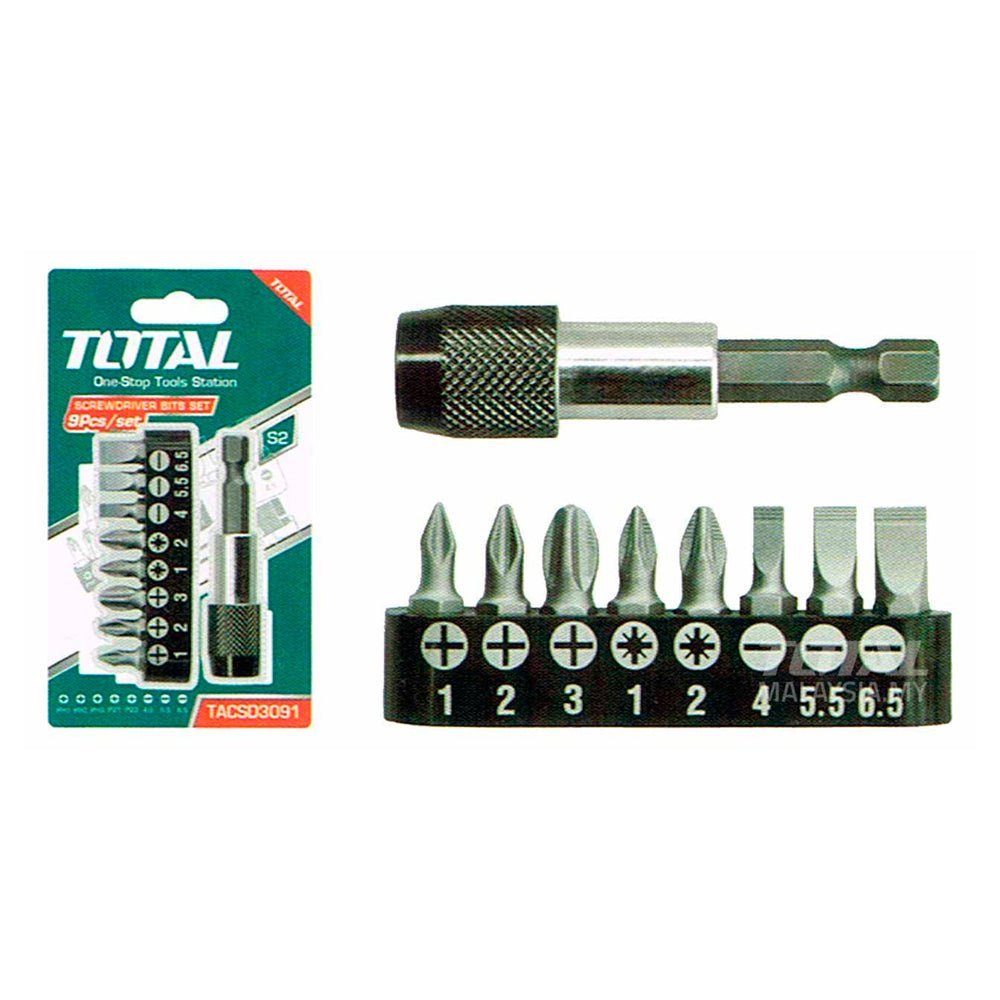 Jeu embouts tournevis 9 pièces TOTAL précision PH1 PH3 SL4 SL6 PZ1 PZ2 TACSD3091 - SME IMPORT