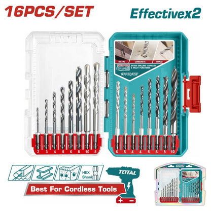 Jeu forets 16 pièces mixtes hex shank métal bois béton TOTAL tacsdl11608 - SME IMPORT