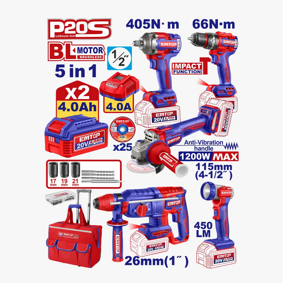 Kit 5P outillages electro-portatifs EMTOP ECKL20595 - SME IMPORT