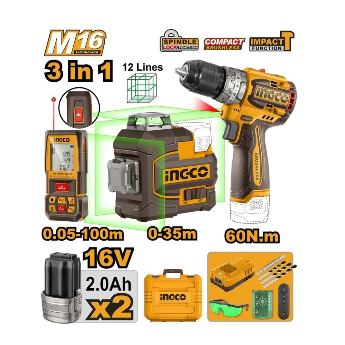 Kit combiné 3-en-1 16 V INGCO COSLI250101 - SME IMPORT