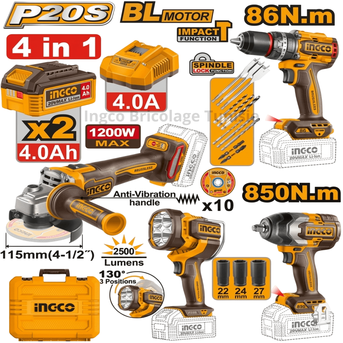 Kit combo 4 en 1 20 V INGCO COSLI251192 - SME IMPORT