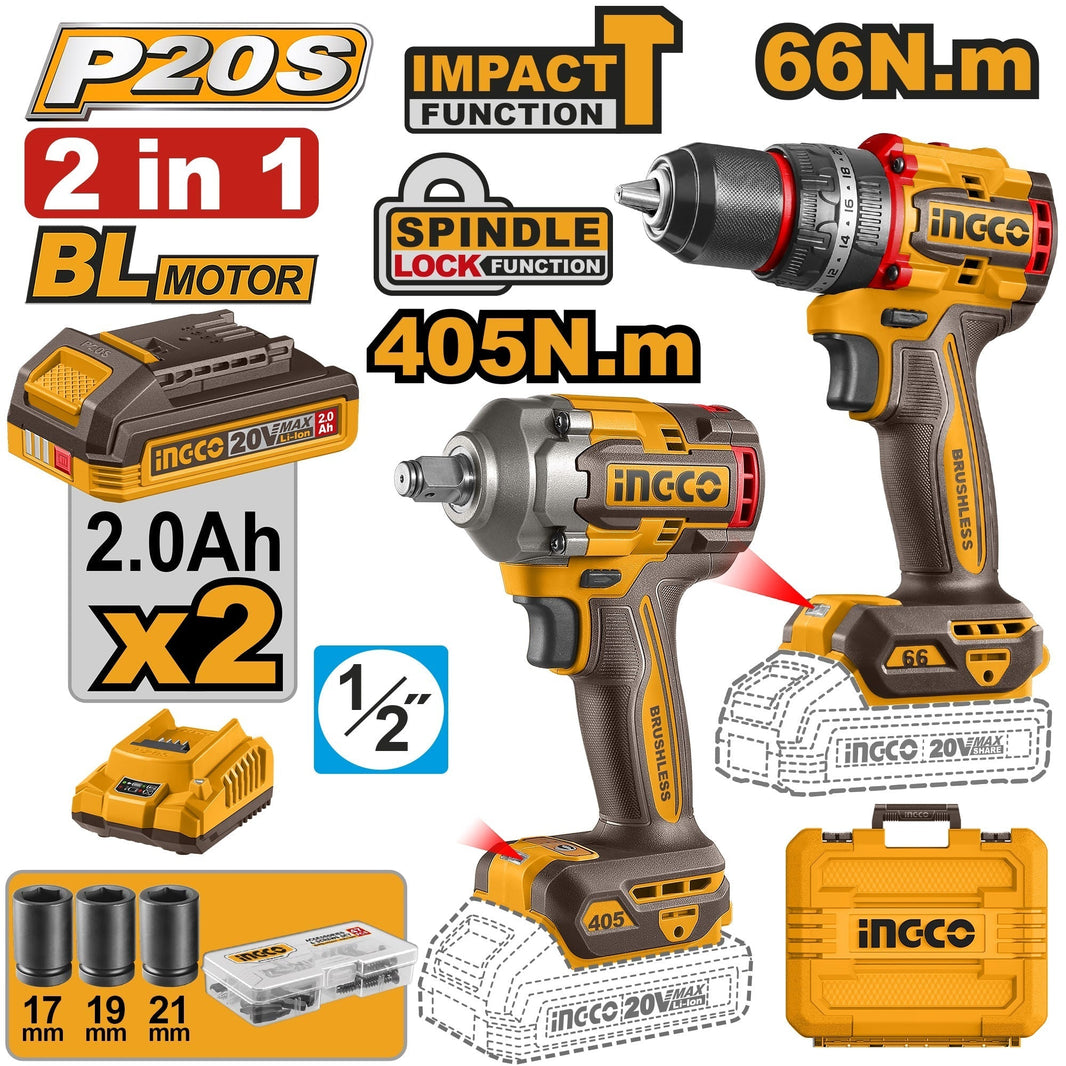 Kit Combo Sans Fil Brushless INGCO CKLI20286 – Perceuse à Percussion + Clé à Chocs 20V - SME IMPORT