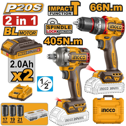 Kit Combo Sans Fil Brushless INGCO CKLI20286 – Perceuse à Percussion + Clé à Chocs 20V - SME IMPORT