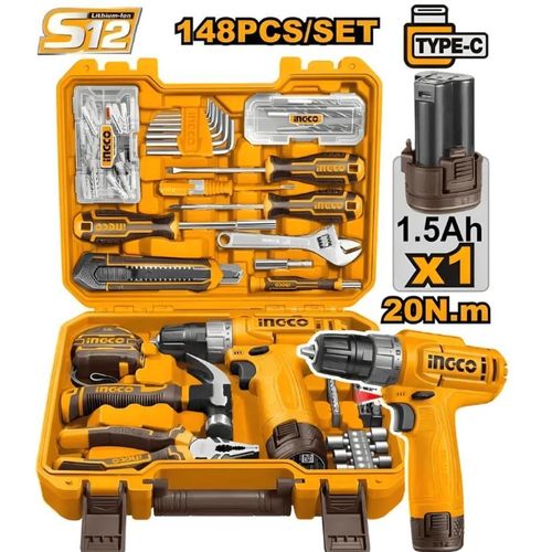 Kit d’outillage INGCO 148 pièces avec perceuse-visseuse 12V – HKTHP41482 - SME IMPORT