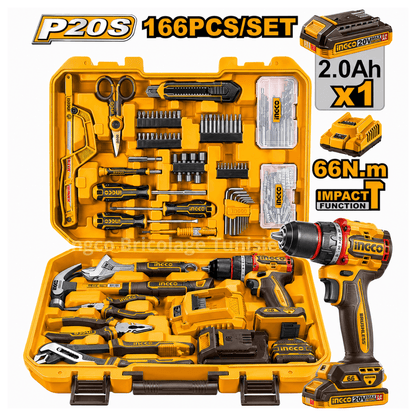Kit INGCO P20S 166 pcs + Perceuse Brushless 20V HKTHP41662 - SME IMPORT