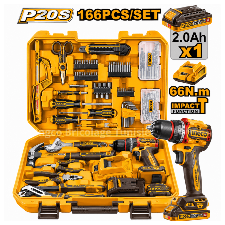 Kit INGCO P20S 166 pcs + Perceuse Brushless 20V HKTHP41662 - SME IMPORT
