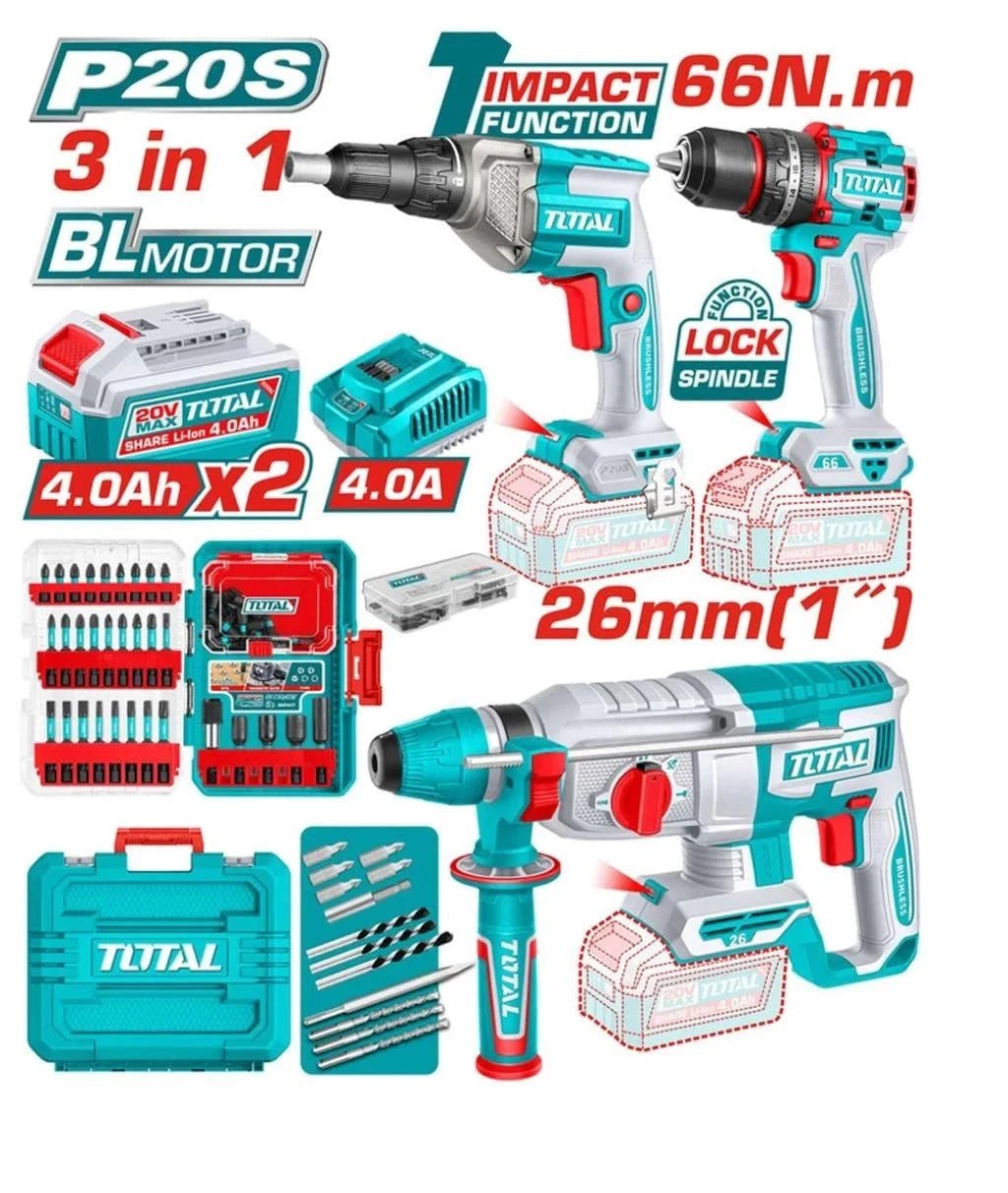 Kit outillage 3 en 1 20V TOTAL perceuse-visseuse à percussion 66 nm 2 batteries TOSLI250591 - SME IMPORT