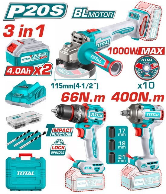 Kit outillage 3 en 1 TOTAL P20S brushless 20V 2x4Ah perceuse clé à chocs meuleuse sans fil TOSLI241291 - SME IMPORT