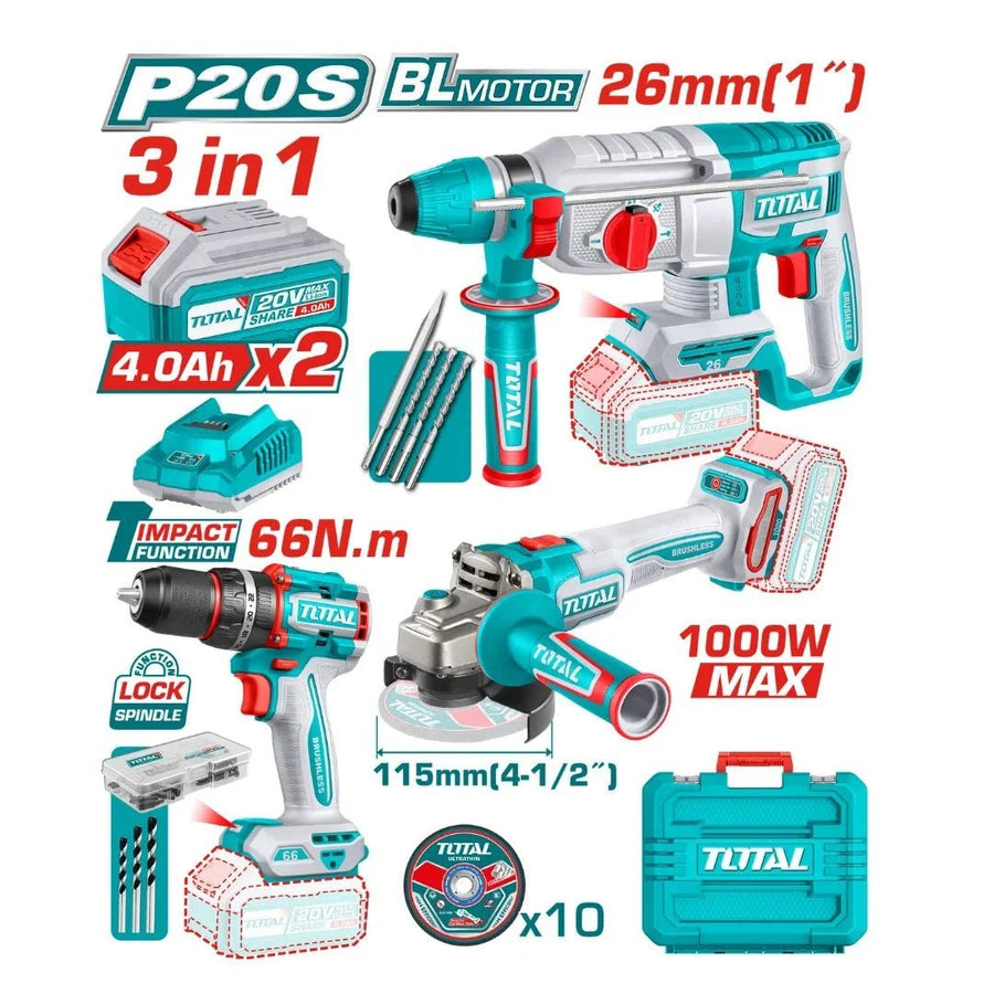 Kit outillage 3 en 1 TOTAL P20S brushless 20V avec 2 batteries 4Ah TOSLI241198 - SME IMPORT