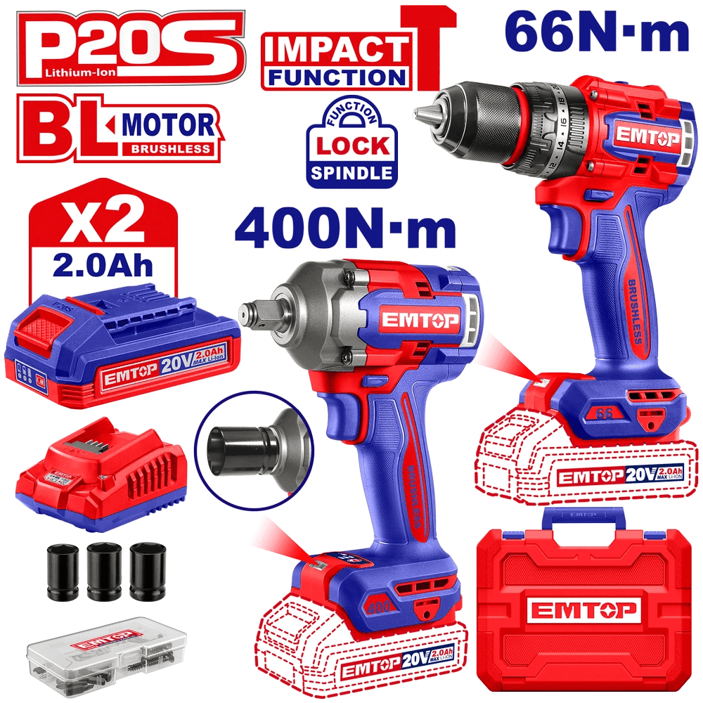 Kit perceuse + clé à choc 400 2B2 EMTOP ECKL20275 - SME IMPORT