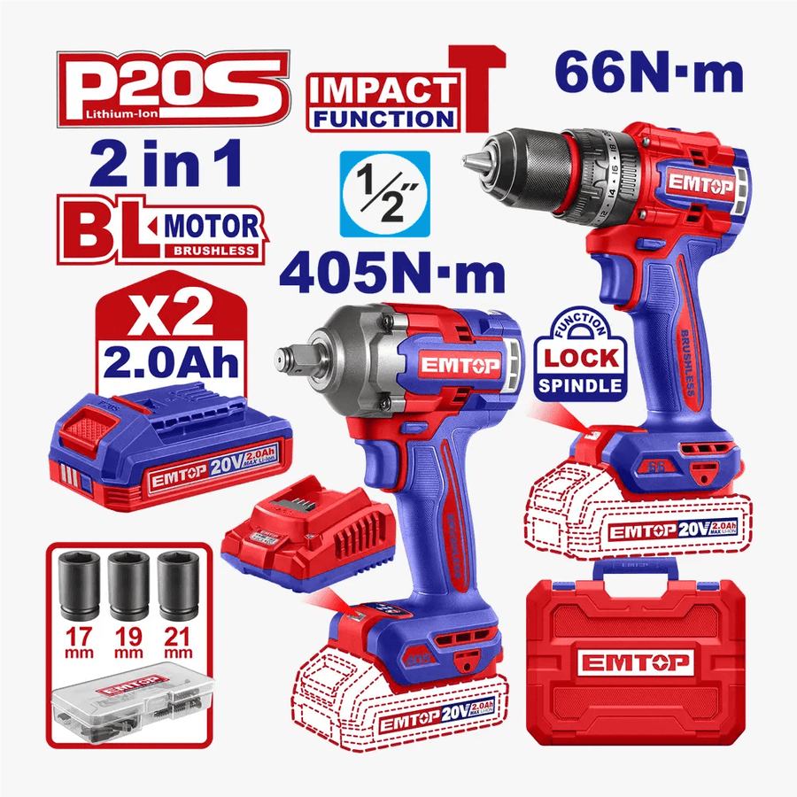 Kit perceuse + clé à choc 405 2B2 EMTOP ECKL20286 - SME IMPORT