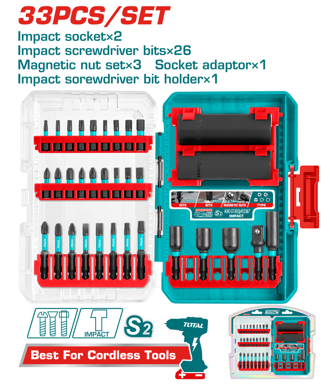 Kit TOTAL 33 pièces embouts douilles à choc acier S2 TACSDL63306 - SME IMPORT