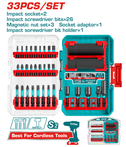 Kit TOTAL 33 pièces embouts douilles à choc acier S2 TACSDL63306