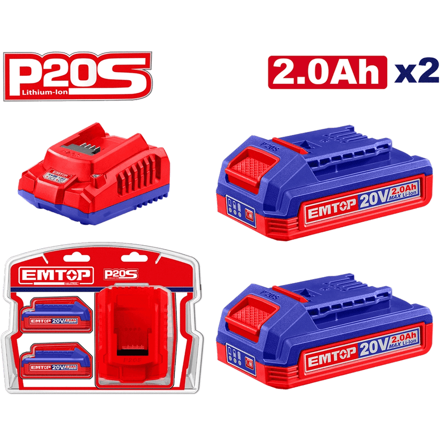 Lot de 2 batteries 2AH+CHARGEUR EMTOP ELBCPK1222 - SME IMPORT