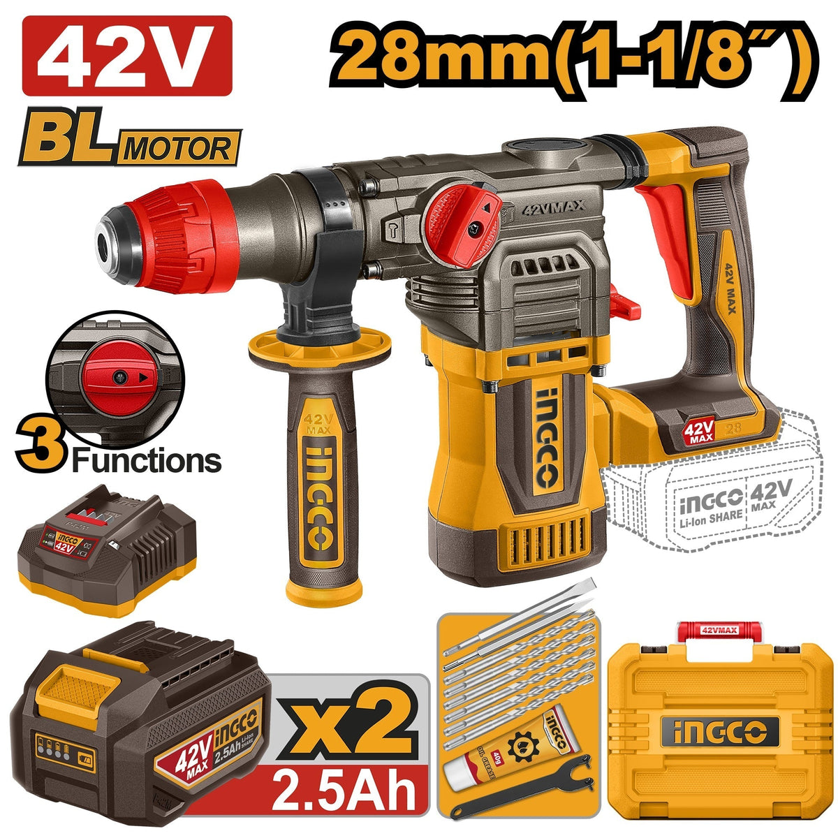 Marteau Perforateur INGCO 42V Brushless 28 mm CRHLI422882 - SME IMPORT