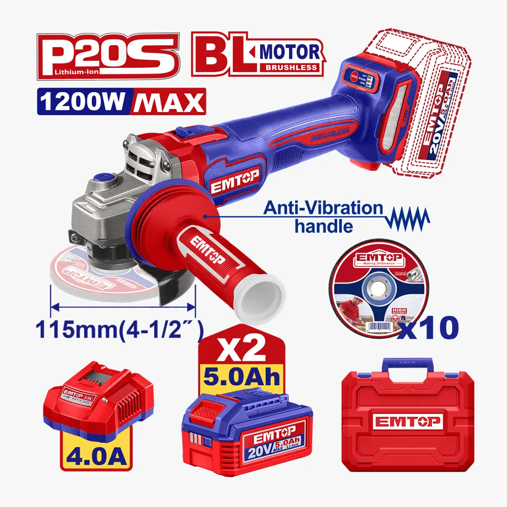 Meule 115 20V brush 2B 5AH+10DIS EMTOP ELAG2120252 - SME IMPORT
