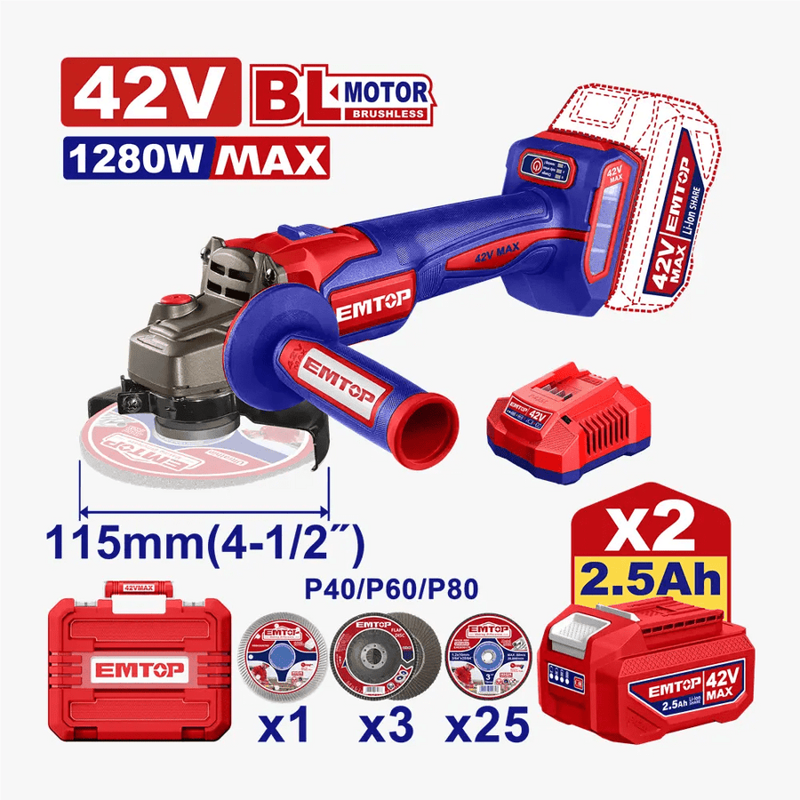 Meule 115 42V brush 2B 2.5AH 1200W EMTOP ELAG4128112 - SME IMPORT