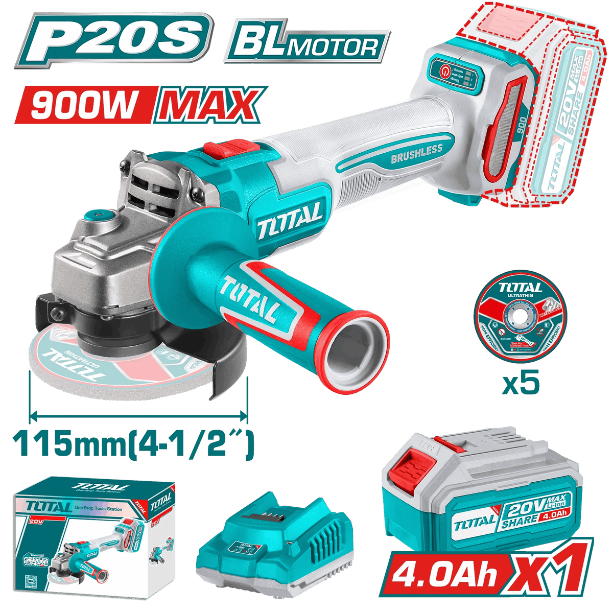 Meuleuse angle brushless 20V P20S 4Ah 115 mm TOTAL TAGLI261521 - SME IMPORT