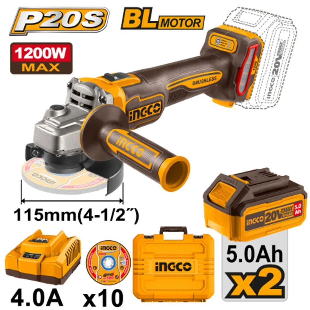Meuleuse Angle Sans Fil Ingco 20V Kit 115 Mm Pro Puissant CAGLI2211532