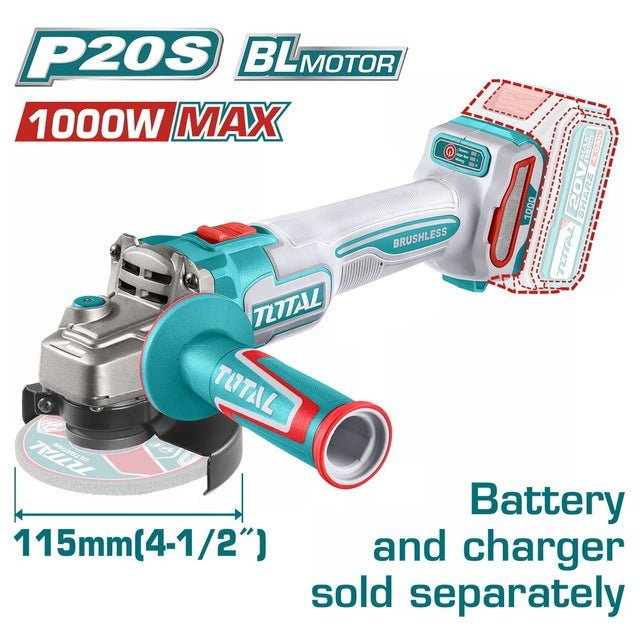 Meuleuse angulaire sans fil 20V 1000W brushless 115mm TOTAL TAGLI27153 - SME IMPORT
