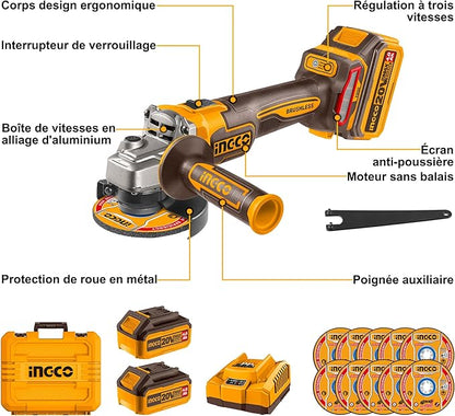 Meuleuse Sans Fil INGCO 20V 1000W 115mm Pour Bricoleurs CAGLI271532 - SME IMPORT