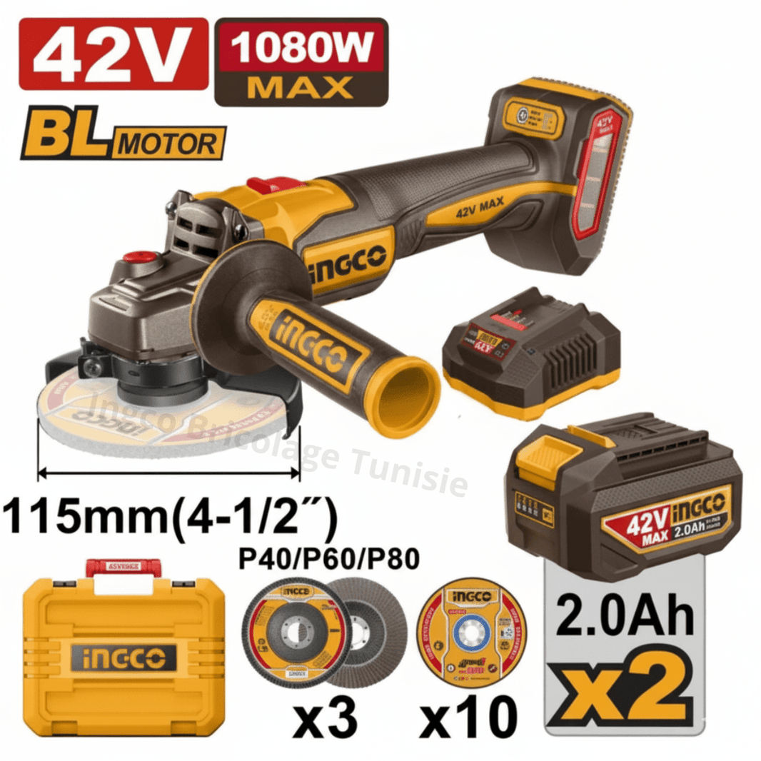 Meuleuse Sans Fil INGCO 42V Brushless 115 mm – 2 Batteries 2.0Ah CAGLI4108112 - SME IMPORT