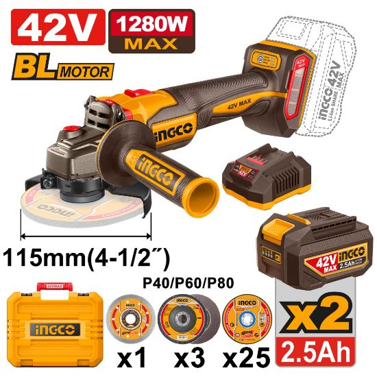 Meuleuse Sans Fil INGCO 42V Brushless 115 mm – 2 Batteries 2.5Ah CAGLI4128112 - SME IMPORT