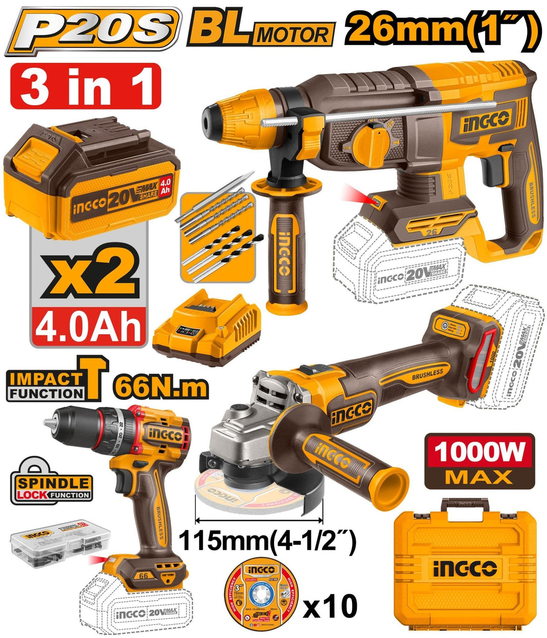 Pack 3 PCS INGCO – Marteau perforateur + Visseuse + Meuleuse – COSLI241198 - SME IMPORT