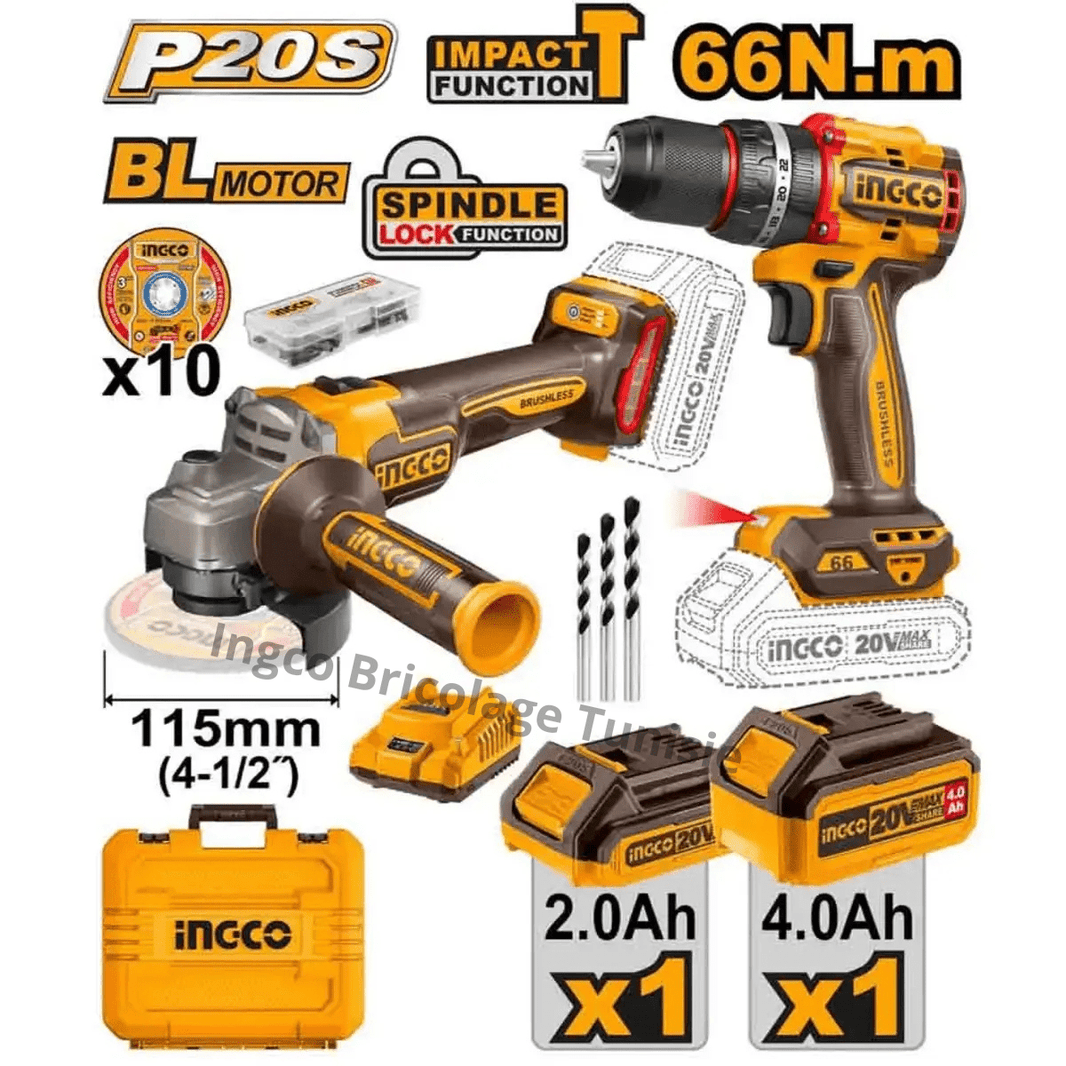 Pack visseuse + meule à disque 20 V brushless INGCO – CKLI20273 - SME IMPORT