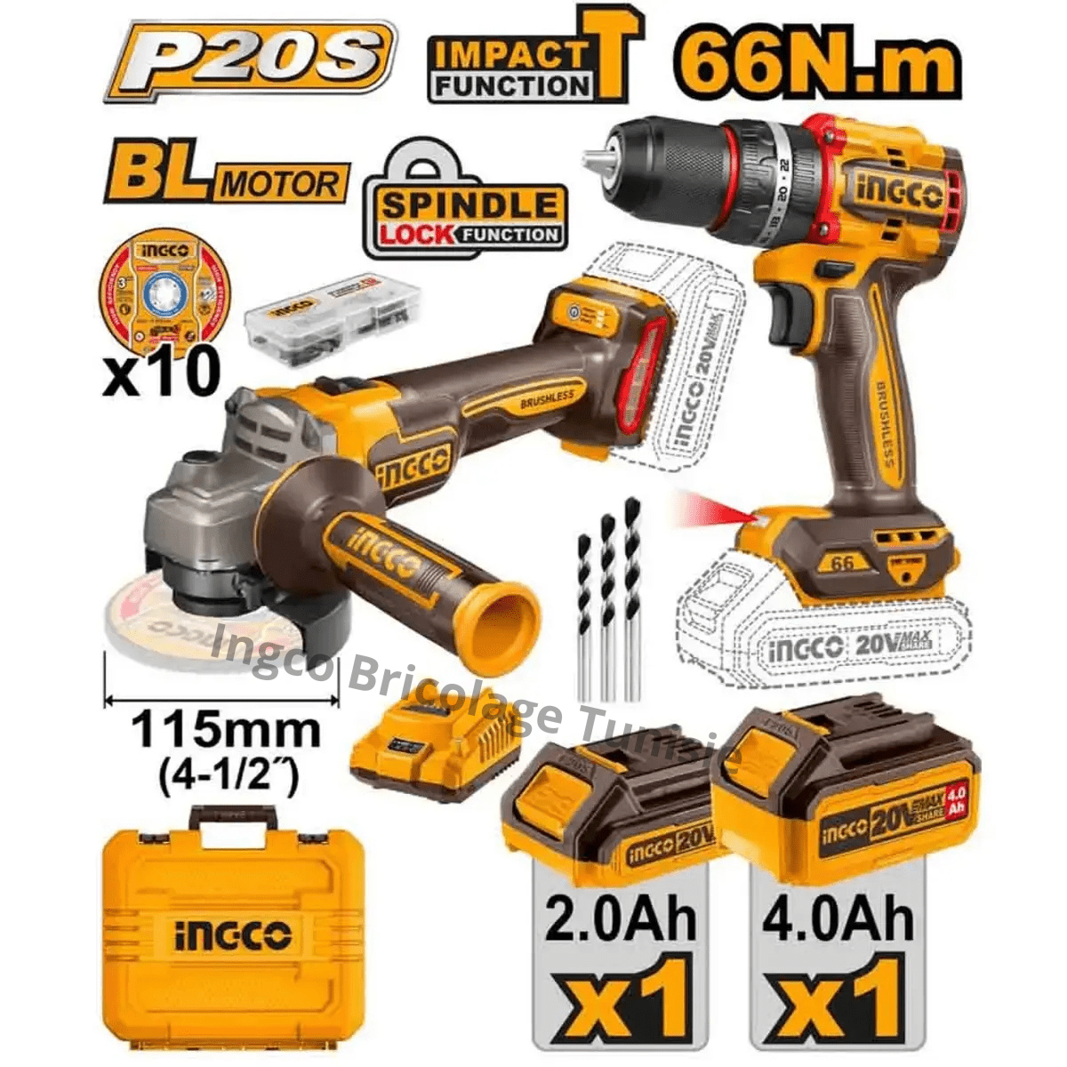 Pack visseuse + meule à disque 20 V brushless INGCO – CKLI20273 - SME IMPORT