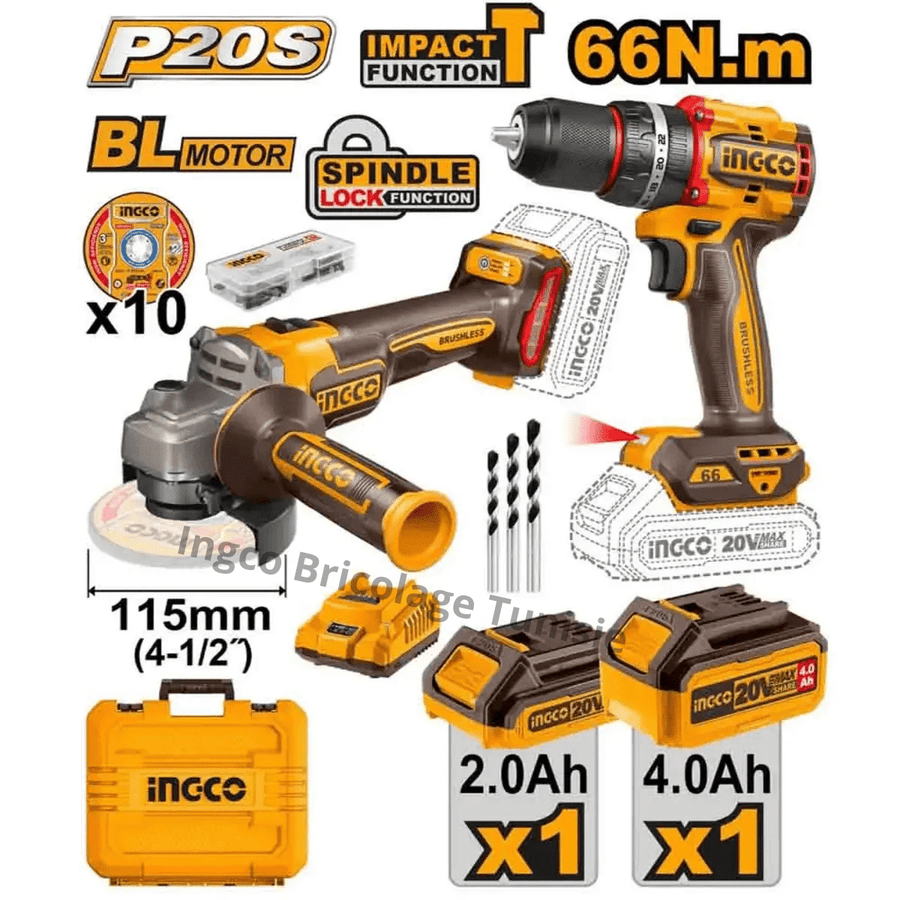 Pack visseuse + meule à disque 20 V brushless INGCO – CKLI20273 - SME IMPORT