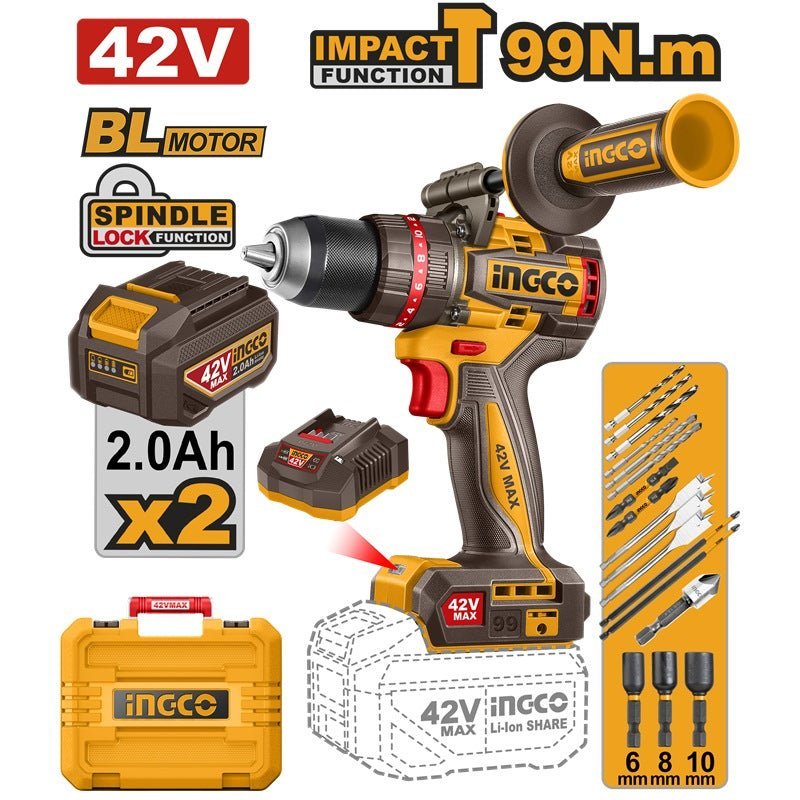 Perceuse à chocs INGCO 42 V – 99 Nm avec batteries 2.0 Ah – CIDLI429982 - SME IMPORT