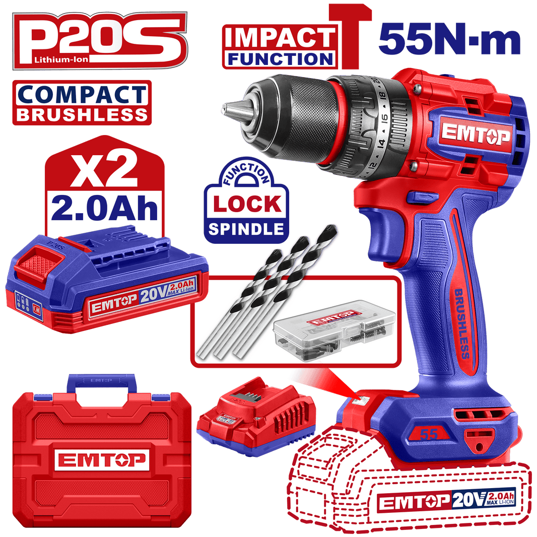 Perceuse à perc brush 20V 55NM EMTOP ECIDL20558 - SME IMPORT