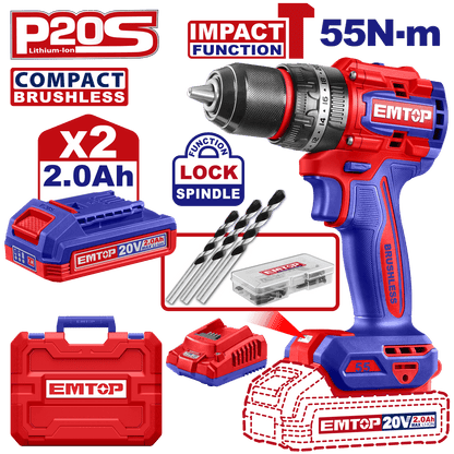 Perceuse à perc brush 20V 55NM EMTOP ECIDL20558 - SME IMPORT