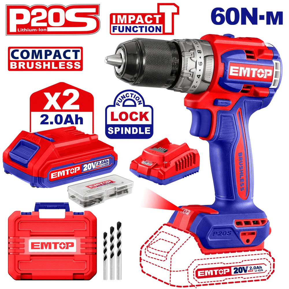 Perceuse a perc brush 20V 60NM+AC EMTOP ECIDL20602 - SME IMPORT