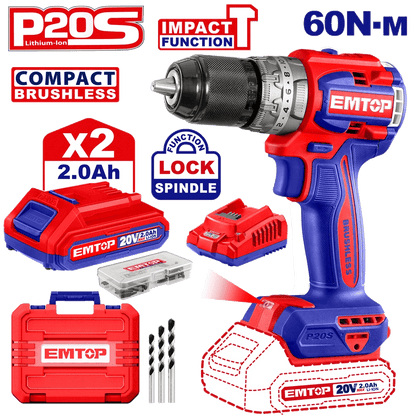 Perceuse a perc brush 20V 60NM+AC EMTOP ECIDL20602 - SME IMPORT