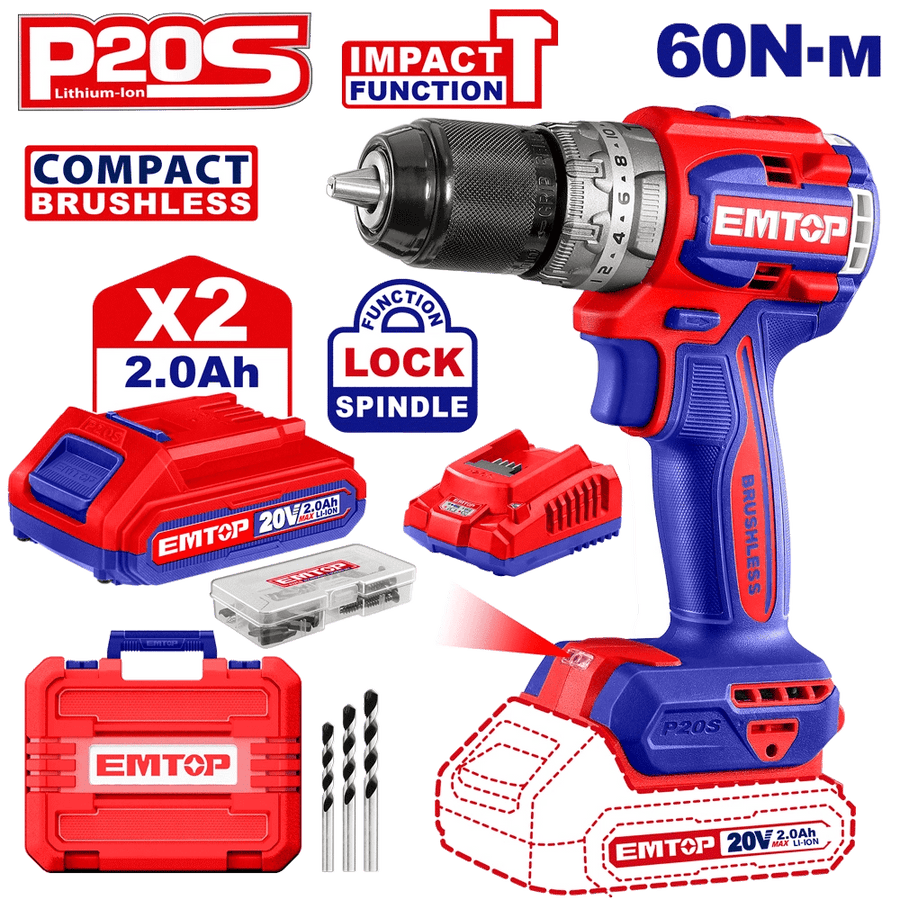 Perceuse a perc brush 20V 60NM+AC EMTOP ECIDL20602 - SME IMPORT