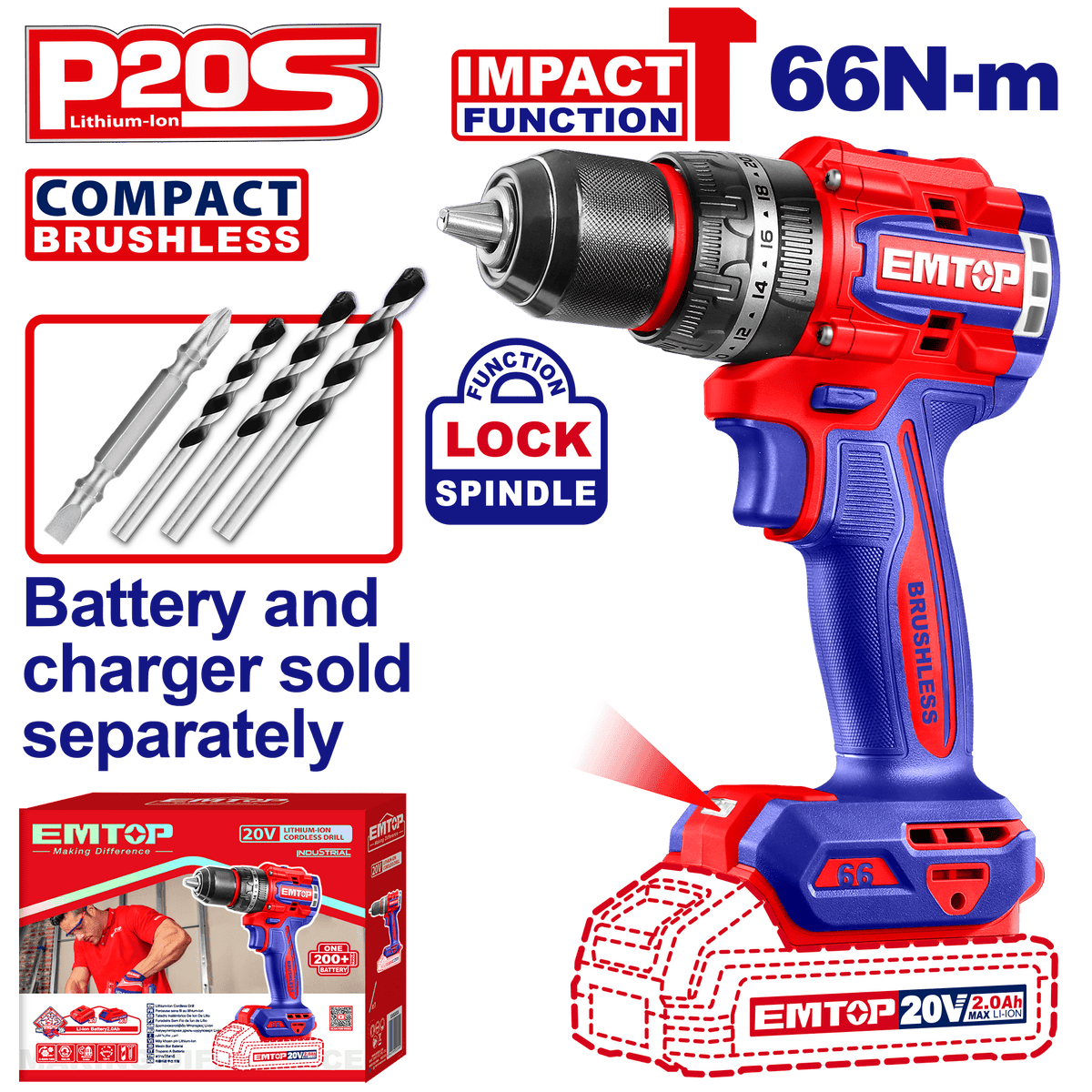 Perceuse à perc brush 20V 66NM EMTOP ECIDL206681 - SME IMPORT