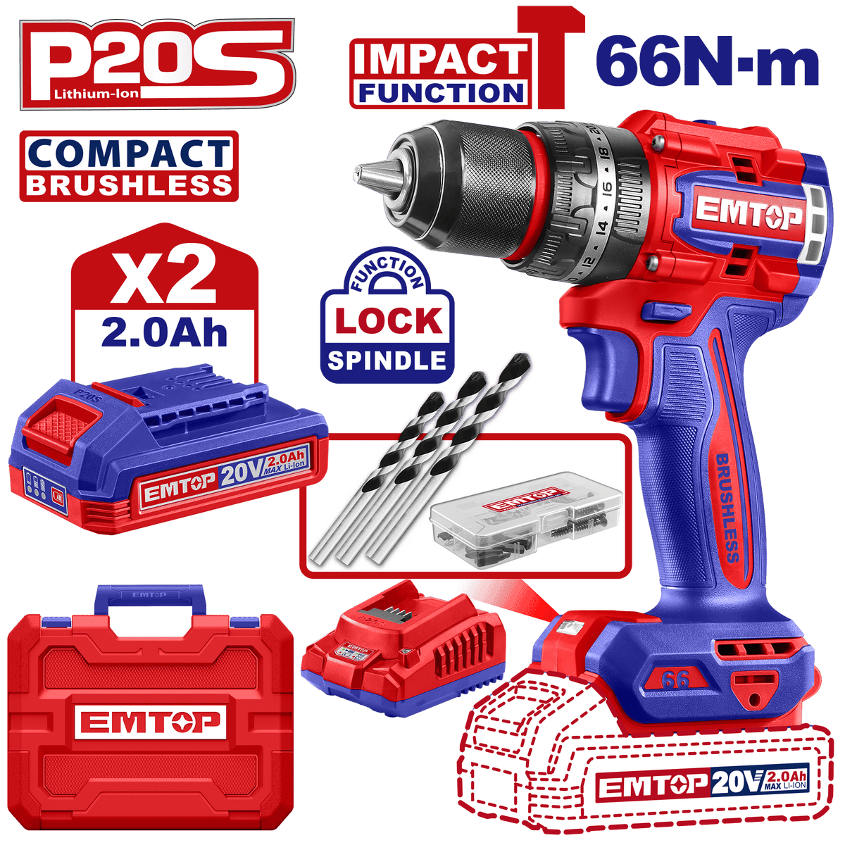 Perceuse à perc brush 20V 66NM+AC EMTOP ECIDL20668 - SME IMPORT