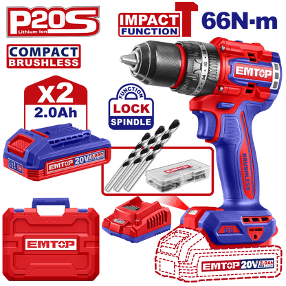 Perceuse à perc brush 20V 66NM+AC EMTOP ECIDL20668 - SME IMPORT