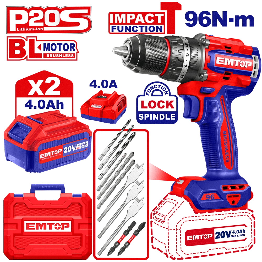 Perceuse à perc brush 20V 96NM+AC EMTOP ECIDL20968 - SME IMPORT