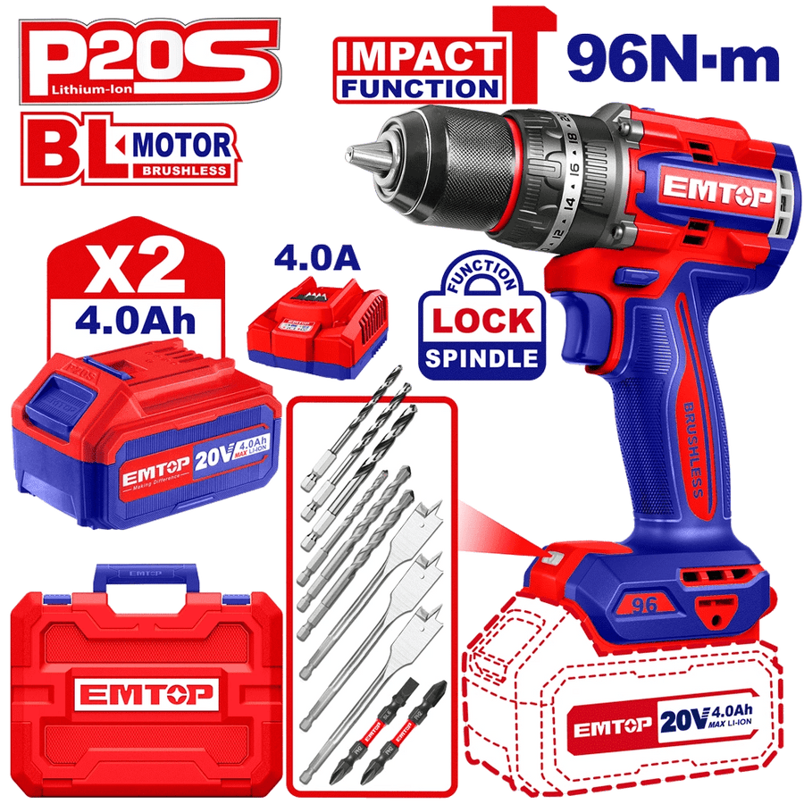 Perceuse à perc brush 20V 96NM+AC EMTOP ECIDL20968 - SME IMPORT