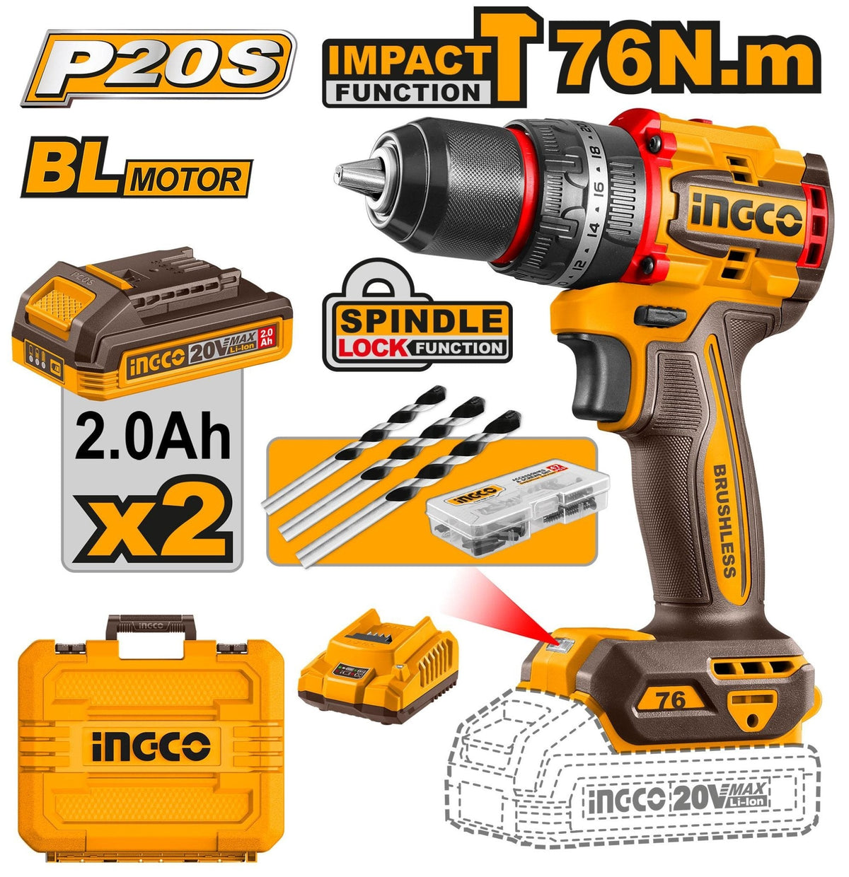 Perceuse à percussion brushless 76 Nm INGCO – CIDLI20768 - SME IMPORT
